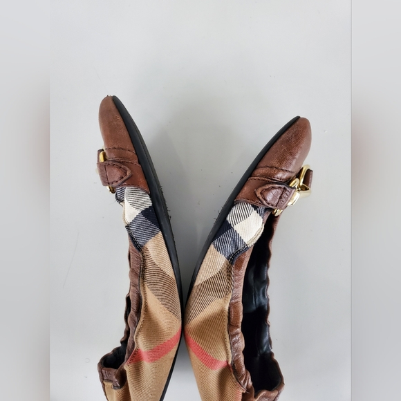 Burberry Brown Nova Check Fabric & Leather Buckle Detail Scrunch Ballet Flats 38 - Picture 7 of 13